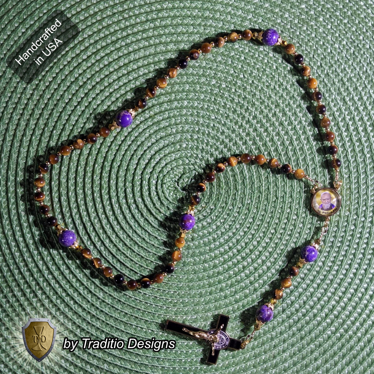 St. Padre Pio Limited Edition Majestic Relic Rosary | 18K Gold Plated | Physical & Mental Healing, Stress Relief & Confessors | Tiger's Eye & Purple Emperor Jasper | 3rd Class Relic
