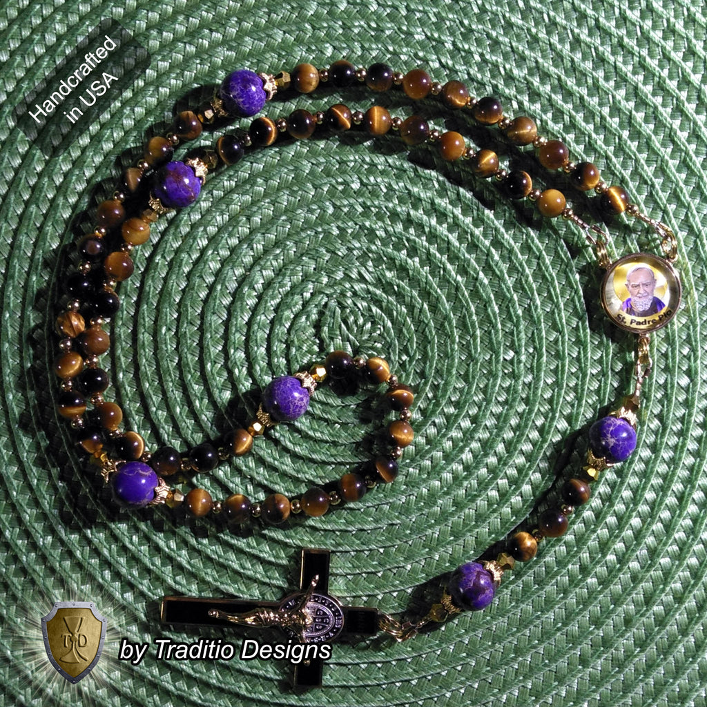 St. Padre Pio Limited Edition Majestic Relic Rosary | 18K Gold Plated | Physical & Mental Healing, Stress Relief & Confessors | Tiger's Eye & Purple Emperor Jasper | 3rd Class Relic