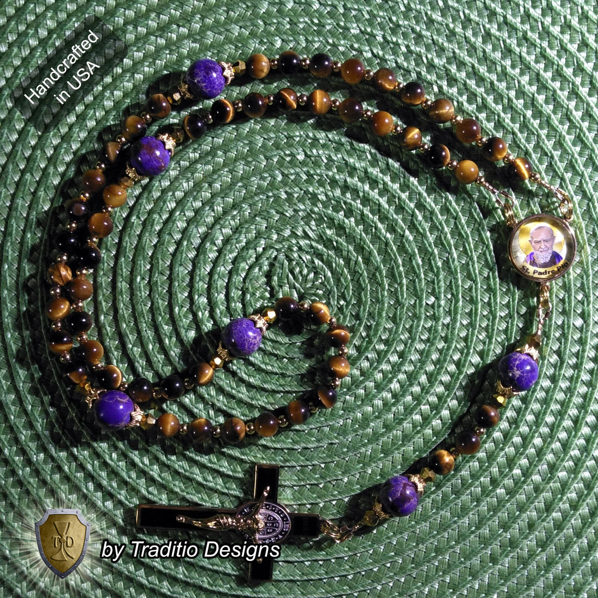 St. Padre Pio Limited Edition Majestic Relic Rosary | 18K Gold Plated | Physical & Mental Healing, Stress Relief & Confessors | Tiger's Eye & Purple Emperor Jasper | 3rd Class Relic