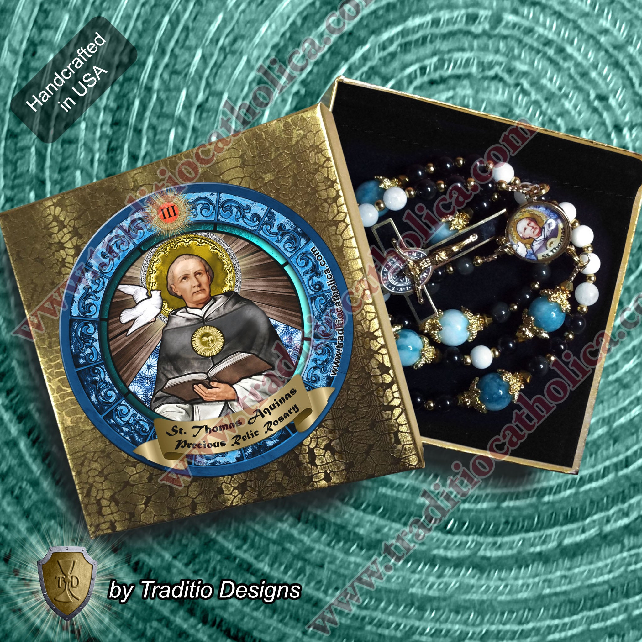 St. Thomas Aquinas Limited Edition Majestic Relic Rosary | 18K Gold | Black Obsidian, Alabaster & Larimar | 3rd Class Relic