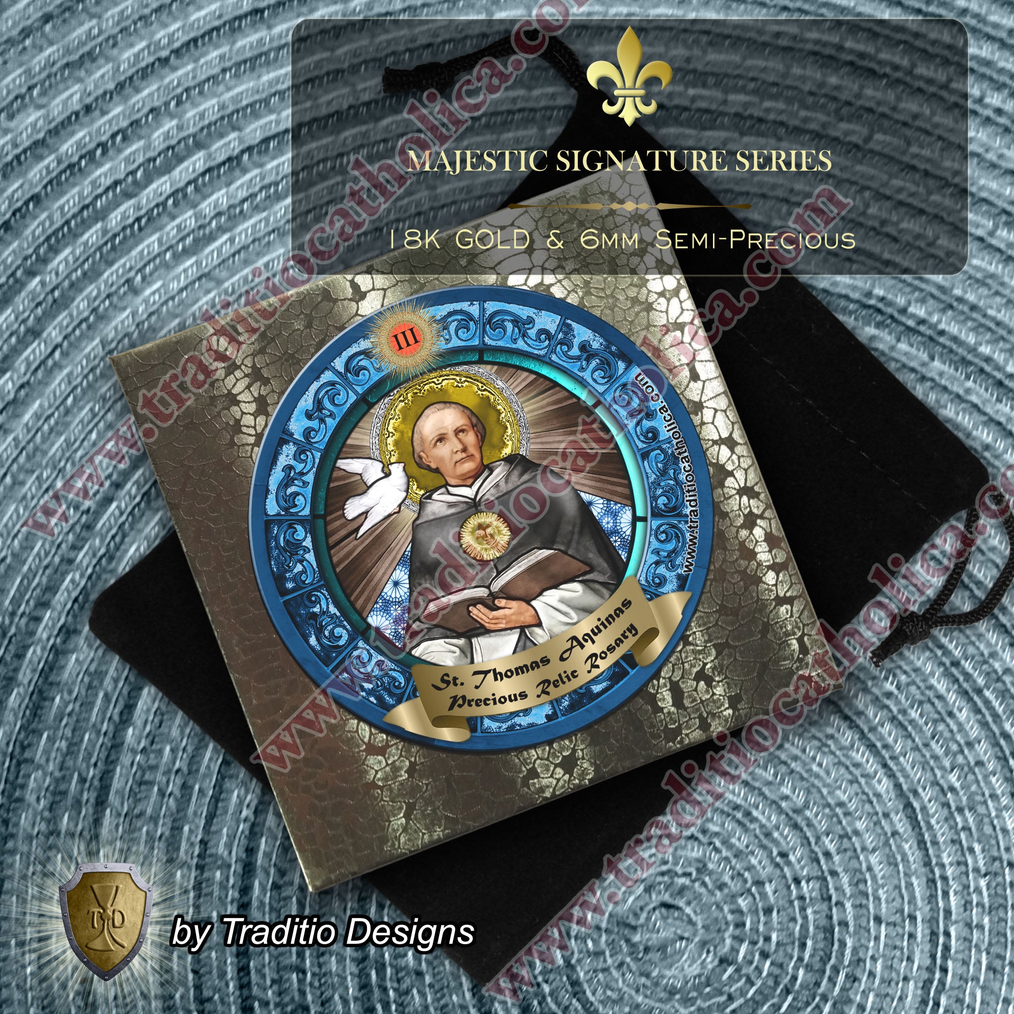 St. Thomas Aquinas Limited Edition Majestic Relic Rosary | 18K Gold | Black Obsidian, Alabaster & Larimar | 3rd Class Relic