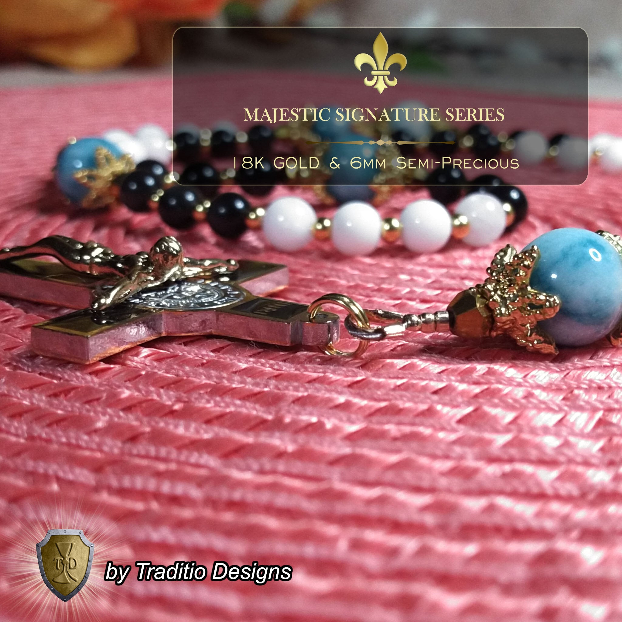 St. Thomas Aquinas Limited Edition Majestic Relic Rosary | 18K Gold | Black Obsidian, Alabaster & Larimar | 3rd Class Relic