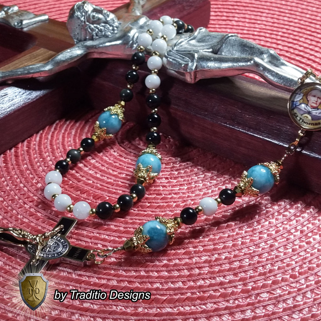 St. Thomas Aquinas Limited Edition Majestic Relic Rosary | 18K Gold | Black Obsidian, Alabaster & Larimar | 3rd Class Relic