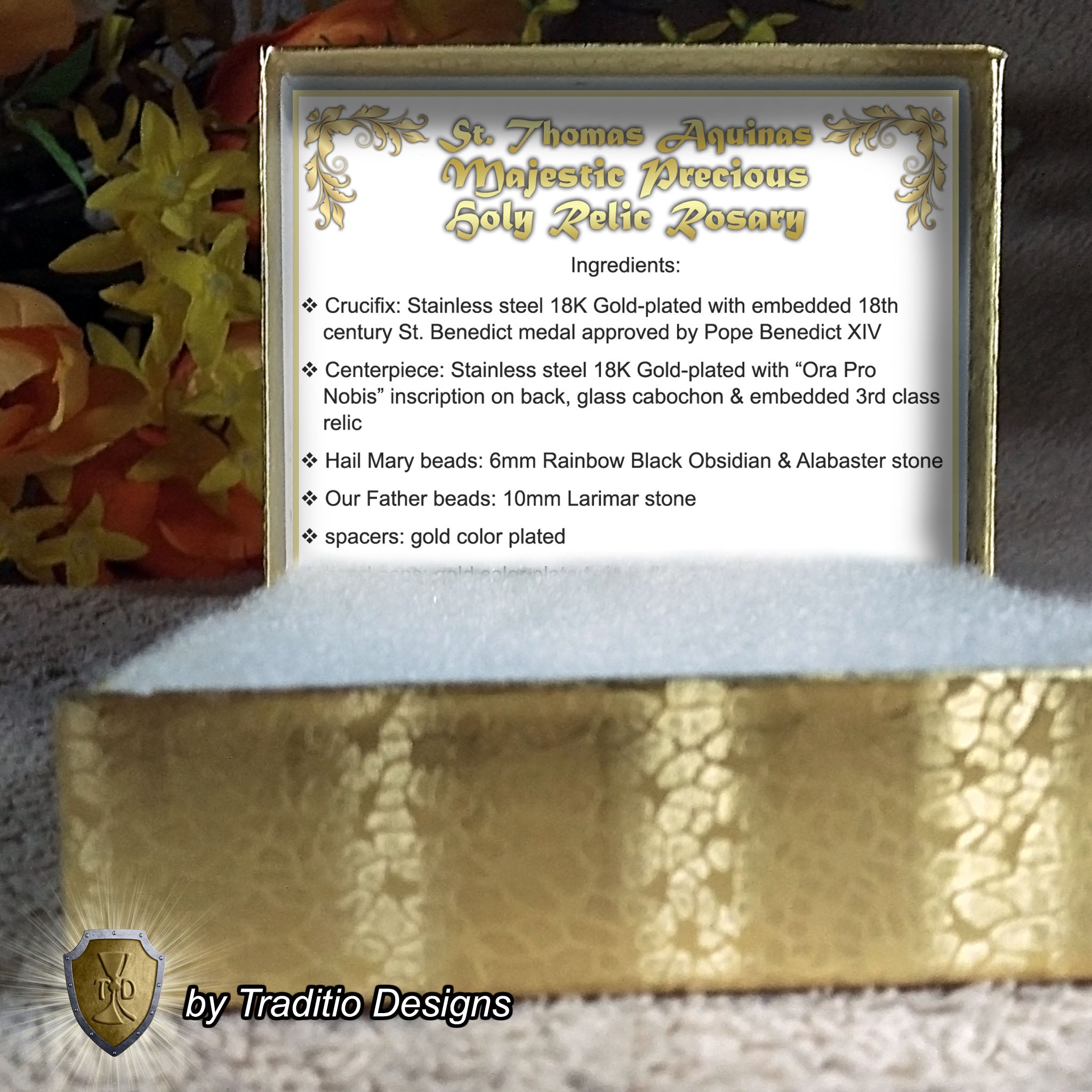 St. Thomas Aquinas Limited Edition Majestic Relic Rosary | 18K Gold | Black Obsidian, Alabaster & Larimar | 3rd Class Relic