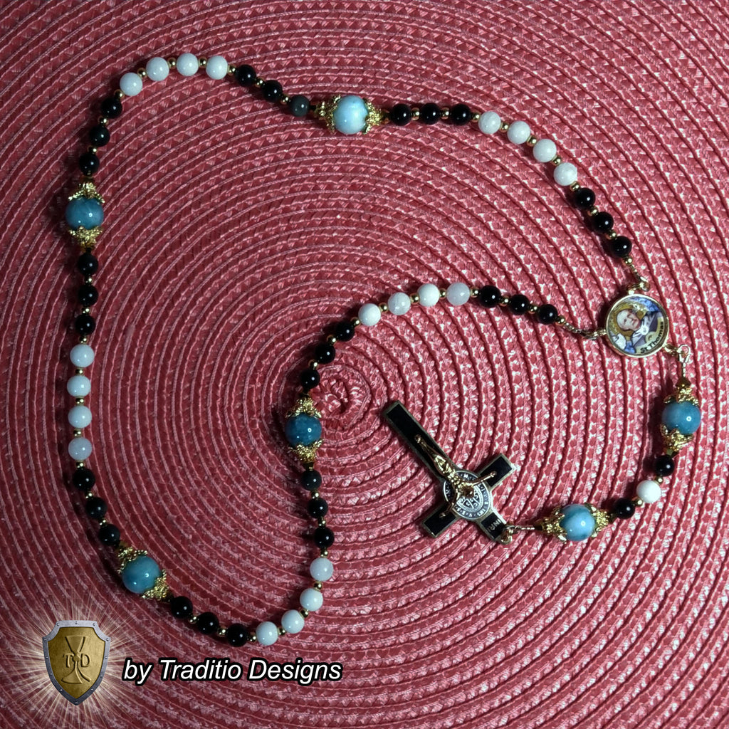 St. Thomas Aquinas Limited Edition Majestic Relic Rosary | 18K Gold | Black Obsidian, Alabaster & Larimar | 3rd Class Relic