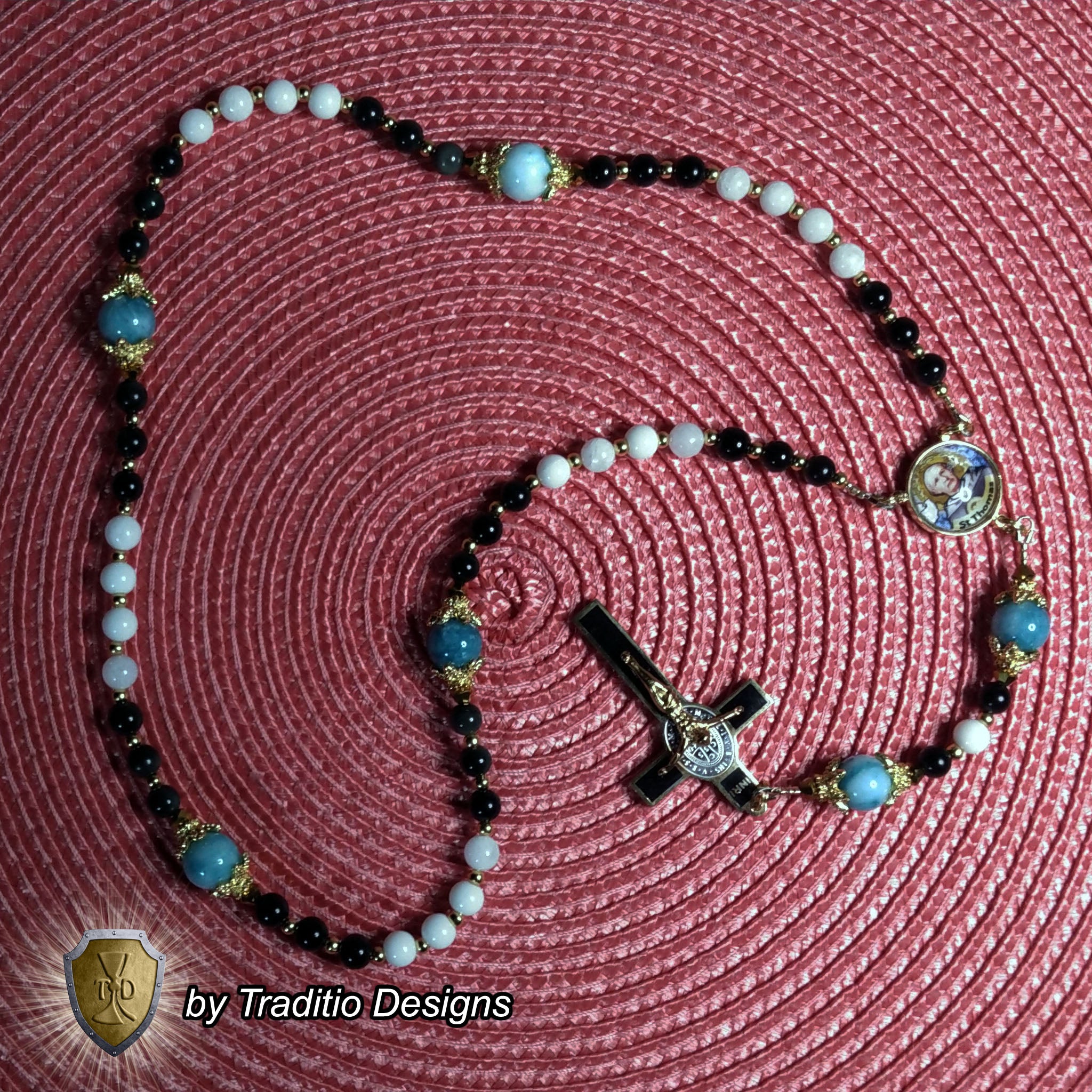 St. Thomas Aquinas Limited Edition Majestic Relic Rosary | 18K Gold | Black Obsidian, Alabaster & Larimar | 3rd Class Relic