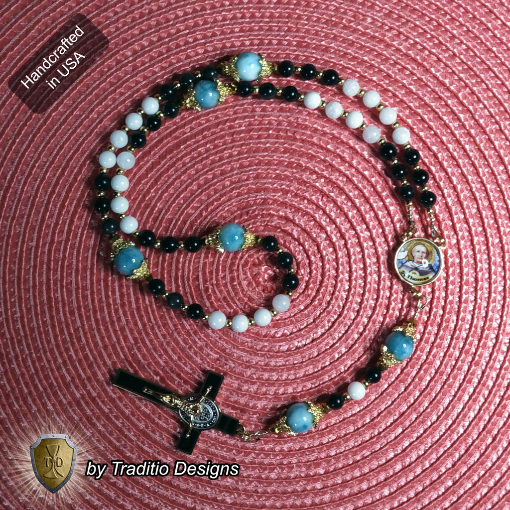 St. Thomas Aquinas Limited Edition Majestic Relic Rosary | 18K Gold | Black Obsidian, Alabaster & Larimar | 3rd Class Relic
