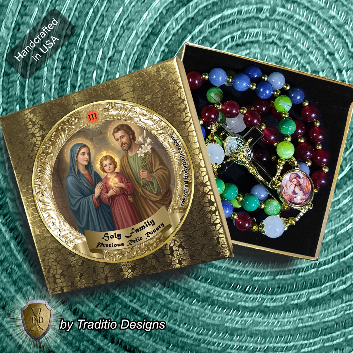 Holy Family Limited Edition Royal Relic Rosary | 18K Gold Hardware | Protection, Domestic Peace & Divine Guidance | Red Jade, Blue Aventurine & Green Fire Agate | 3rd Class Relic