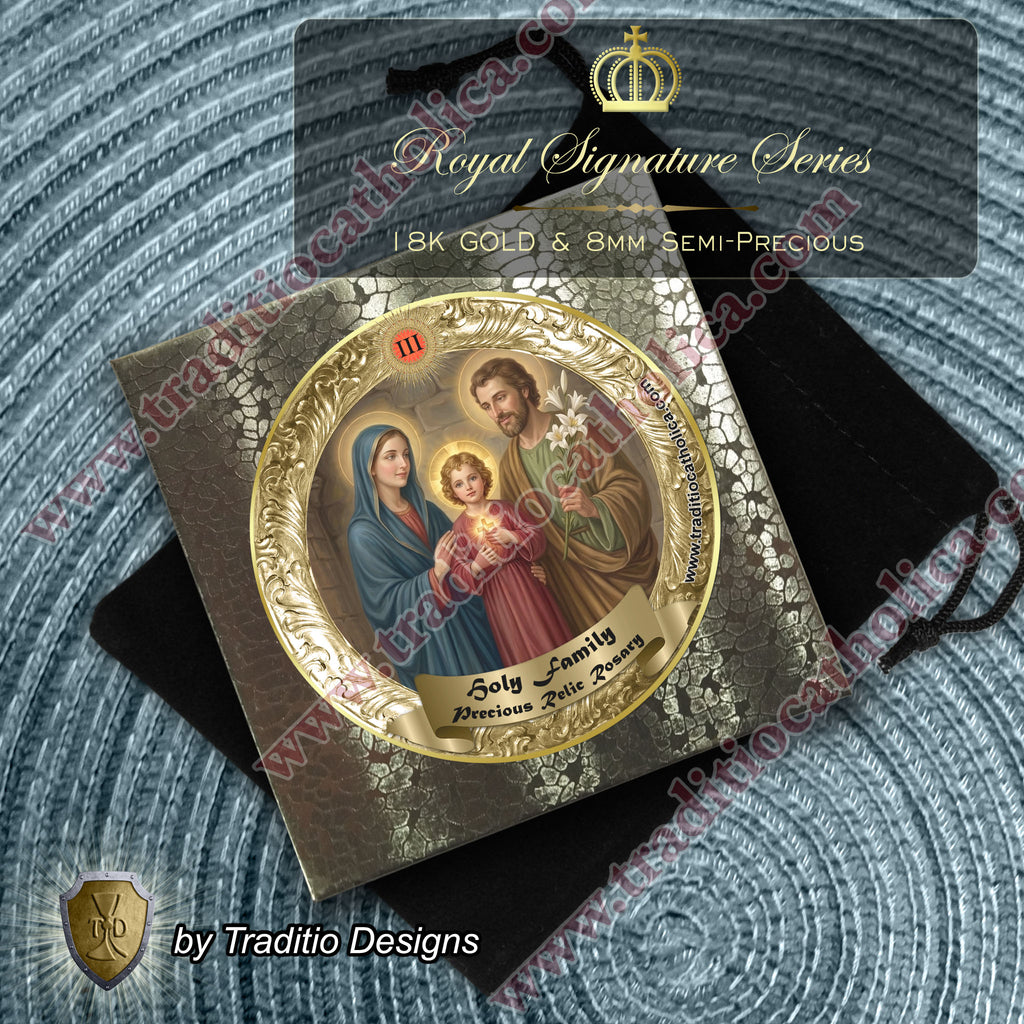 Holy Family Limited Edition Royal Relic Rosary | 18K Gold Hardware | Protection, Domestic Peace & Divine Guidance | Red Jade, Blue Aventurine & Green Fire Agate | 3rd Class Relic