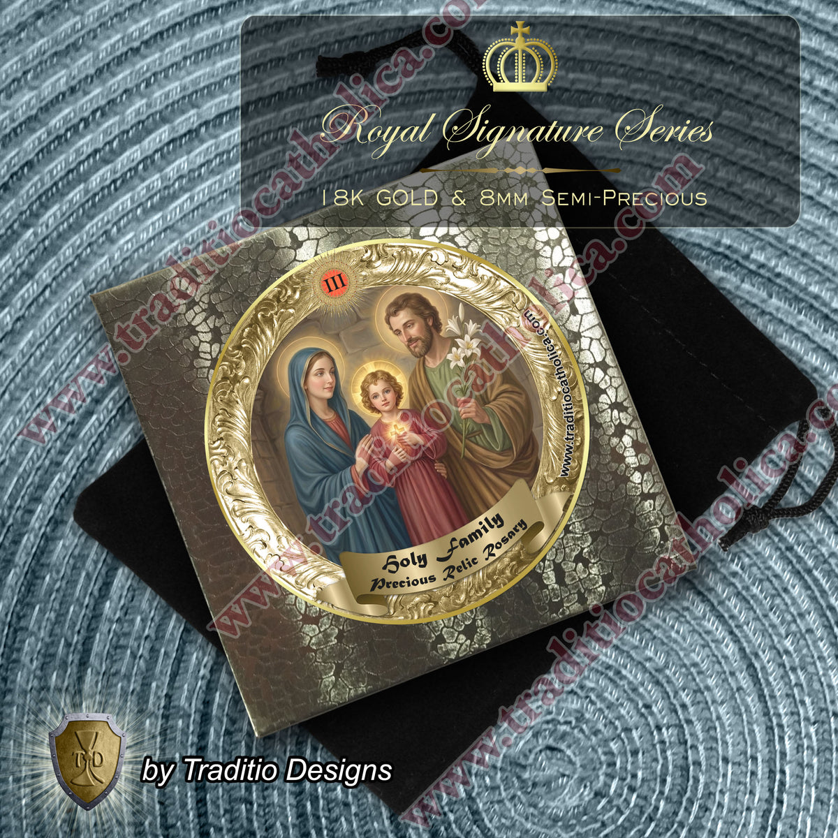 Holy Family Limited Edition Royal Relic Rosary | 18K Gold Hardware | Protection, Domestic Peace & Divine Guidance | Red Jade, Blue Aventurine & Green Fire Agate | 3rd Class Relic