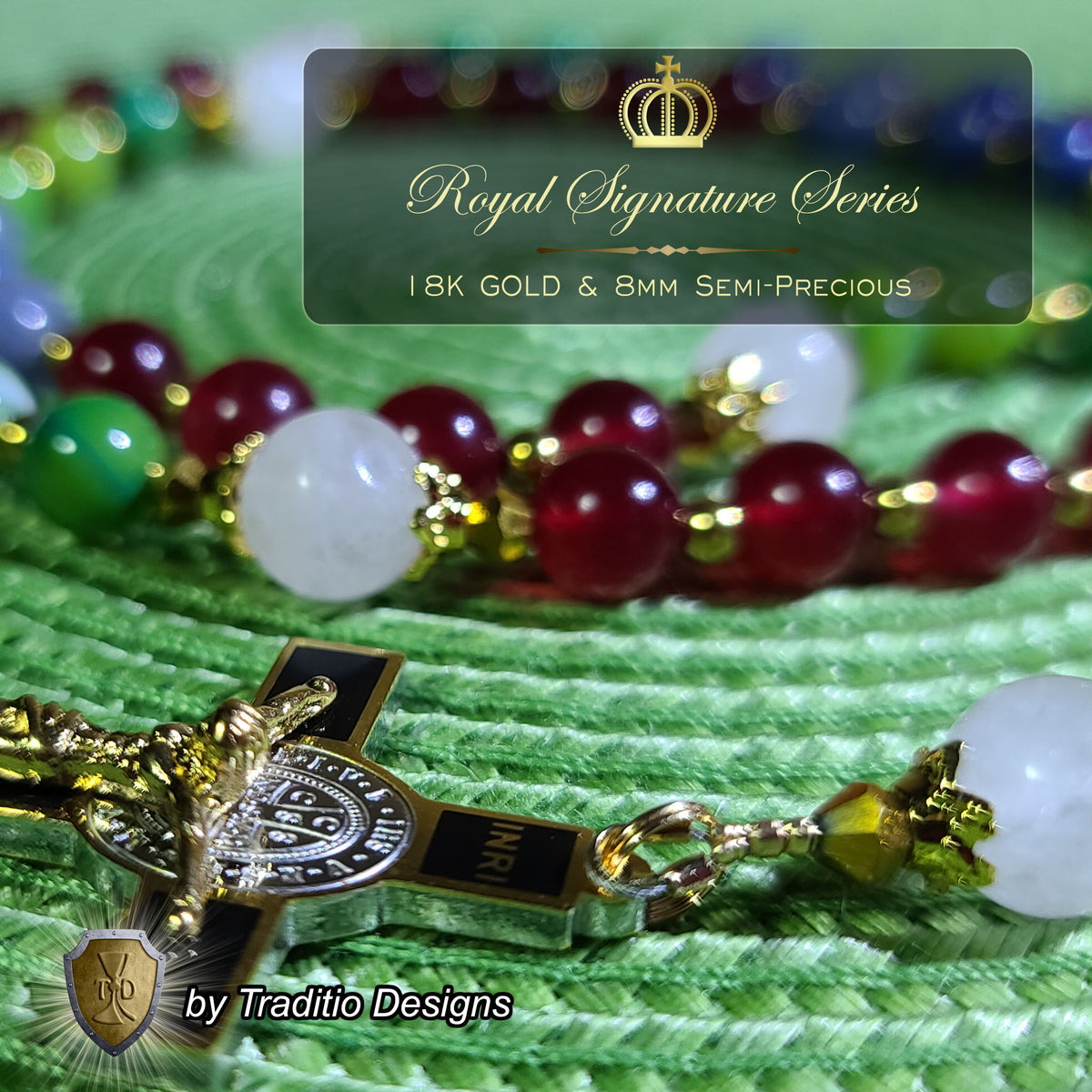 Holy Family Limited Edition Royal Relic Rosary | 18K Gold Hardware | Protection, Domestic Peace & Divine Guidance | Red Jade, Blue Aventurine & Green Fire Agate | 3rd Class Relic
