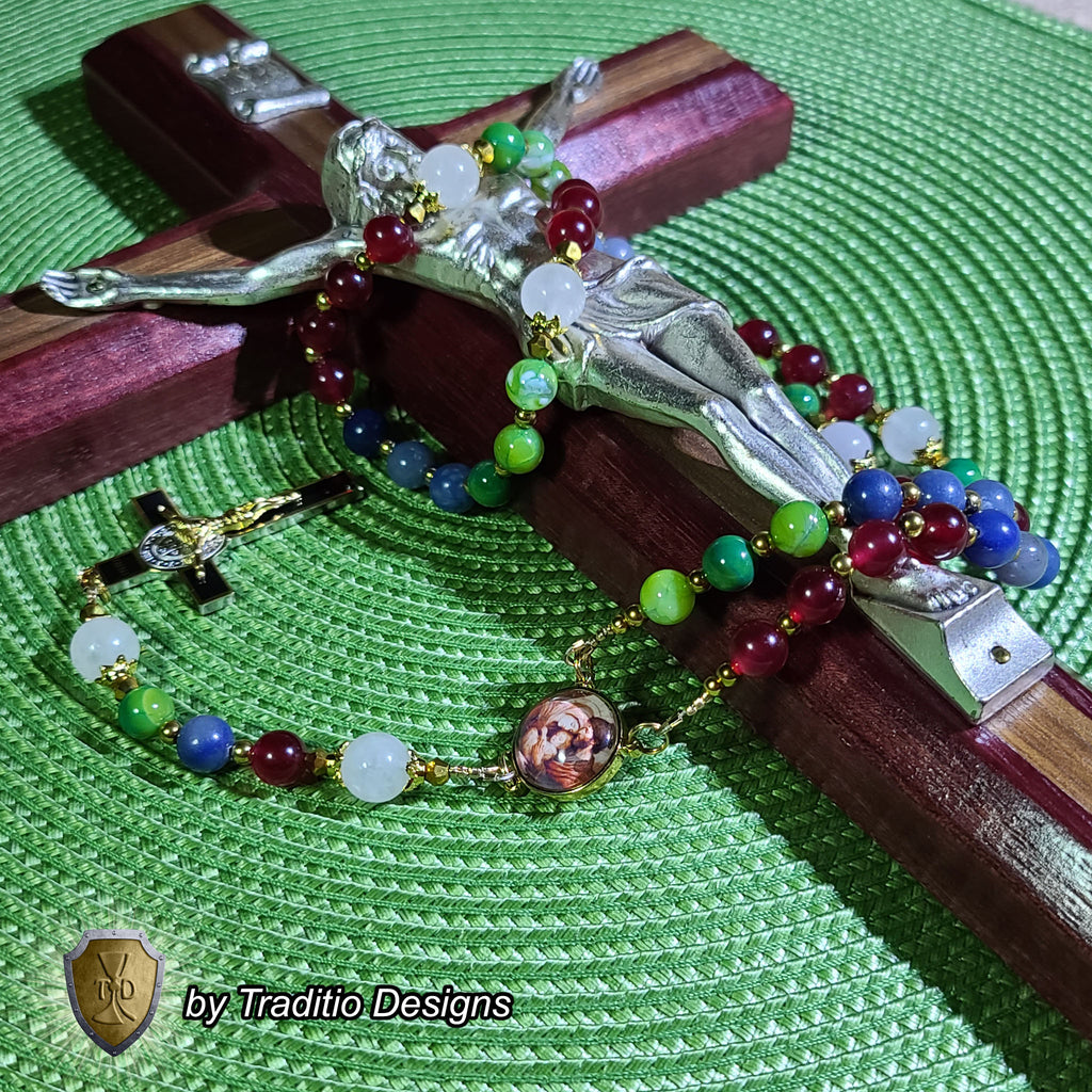 Holy Family Limited Edition Royal Relic Rosary | 18K Gold Hardware | Protection, Domestic Peace & Divine Guidance | Red Jade, Blue Aventurine & Green Fire Agate | 3rd Class Relic