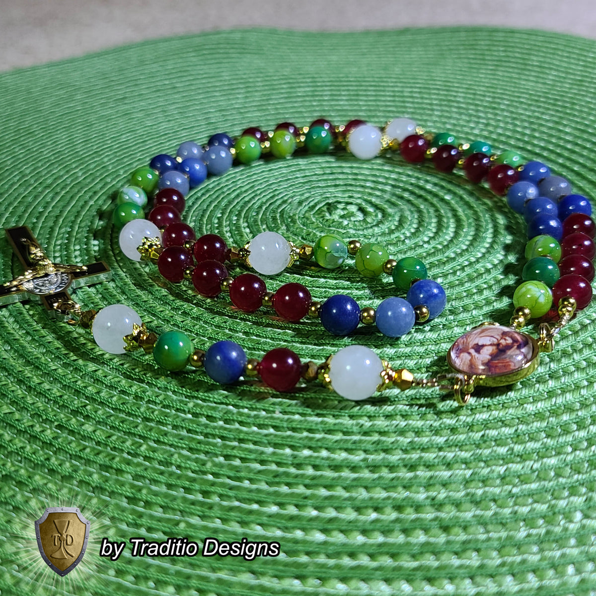 Holy Family Limited Edition Royal Relic Rosary | 18K Gold Hardware | Protection, Domestic Peace & Divine Guidance | Red Jade, Blue Aventurine & Green Fire Agate | 3rd Class Relic