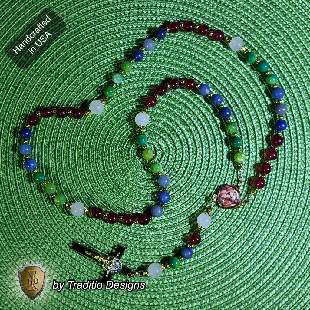 Holy Family Limited Edition Royal Relic Rosary | 18K Gold Hardware | Protection, Domestic Peace & Divine Guidance | Red Jade, Blue Aventurine & Green Fire Agate | 3rd Class Relic