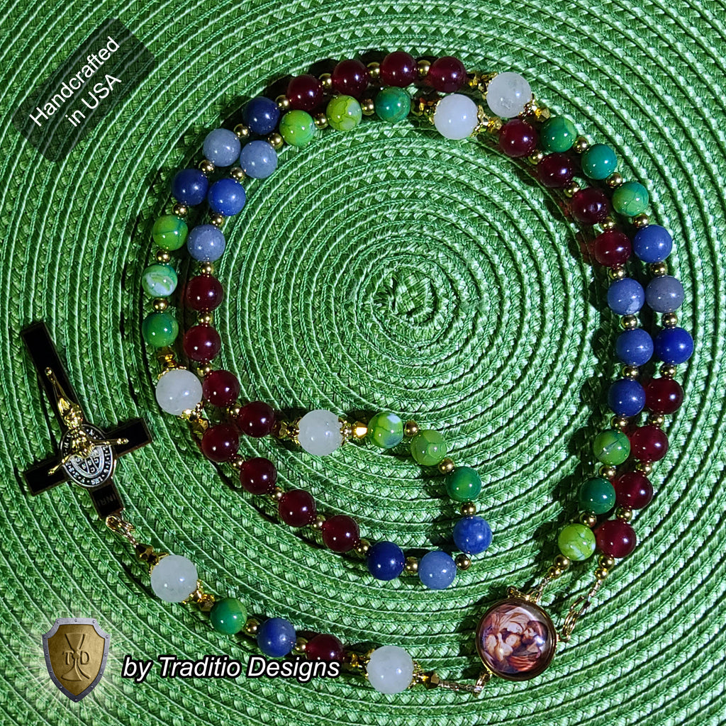 Holy Family Limited Edition Royal Relic Rosary | 18K Gold Hardware | Protection, Domestic Peace & Divine Guidance | Red Jade, Blue Aventurine & Green Fire Agate | 3rd Class Relic
