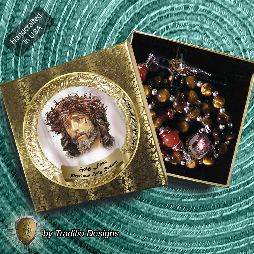 Holy Face Limited Edition Royal Relic Rosary | 18K Gold Plated | Reparation, Comfort in Trials & Spiritual Warfare | Tiger's Eye & Red Carnelian | 3rd Class Relic