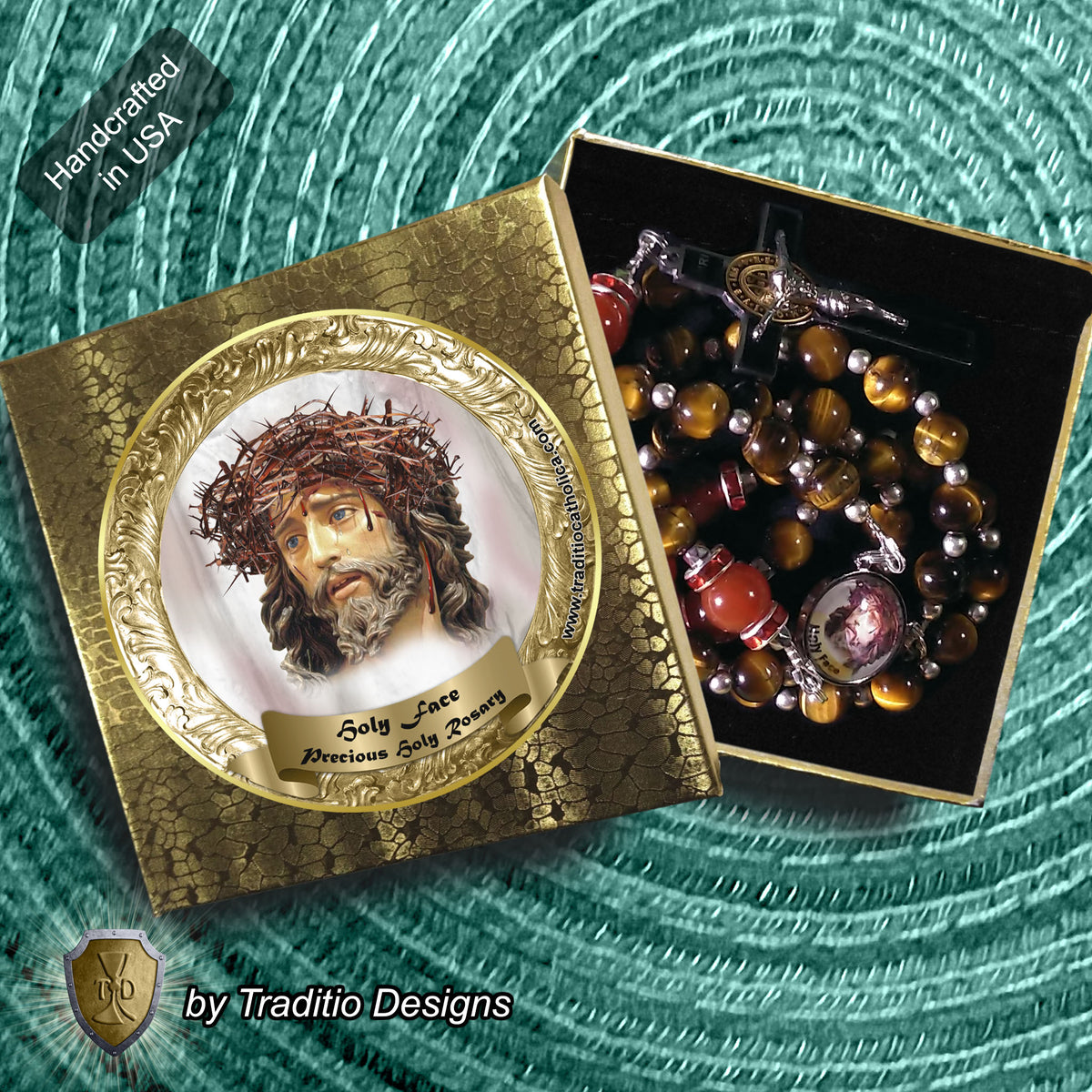Holy Face Limited Edition Royal Relic Rosary | 18K Gold Plated | Reparation, Comfort in Trials & Spiritual Warfare | Tiger's Eye & Red Carnelian | 3rd Class Relic