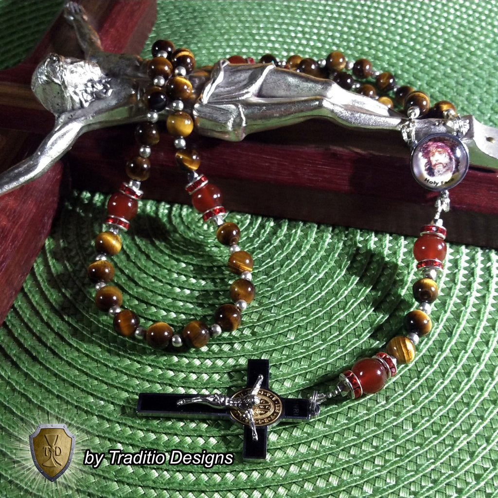 Holy Face Limited Edition Royal Relic Rosary | 18K Gold Plated | Reparation, Comfort in Trials & Spiritual Warfare | Tiger's Eye & Red Carnelian | 3rd Class Relic