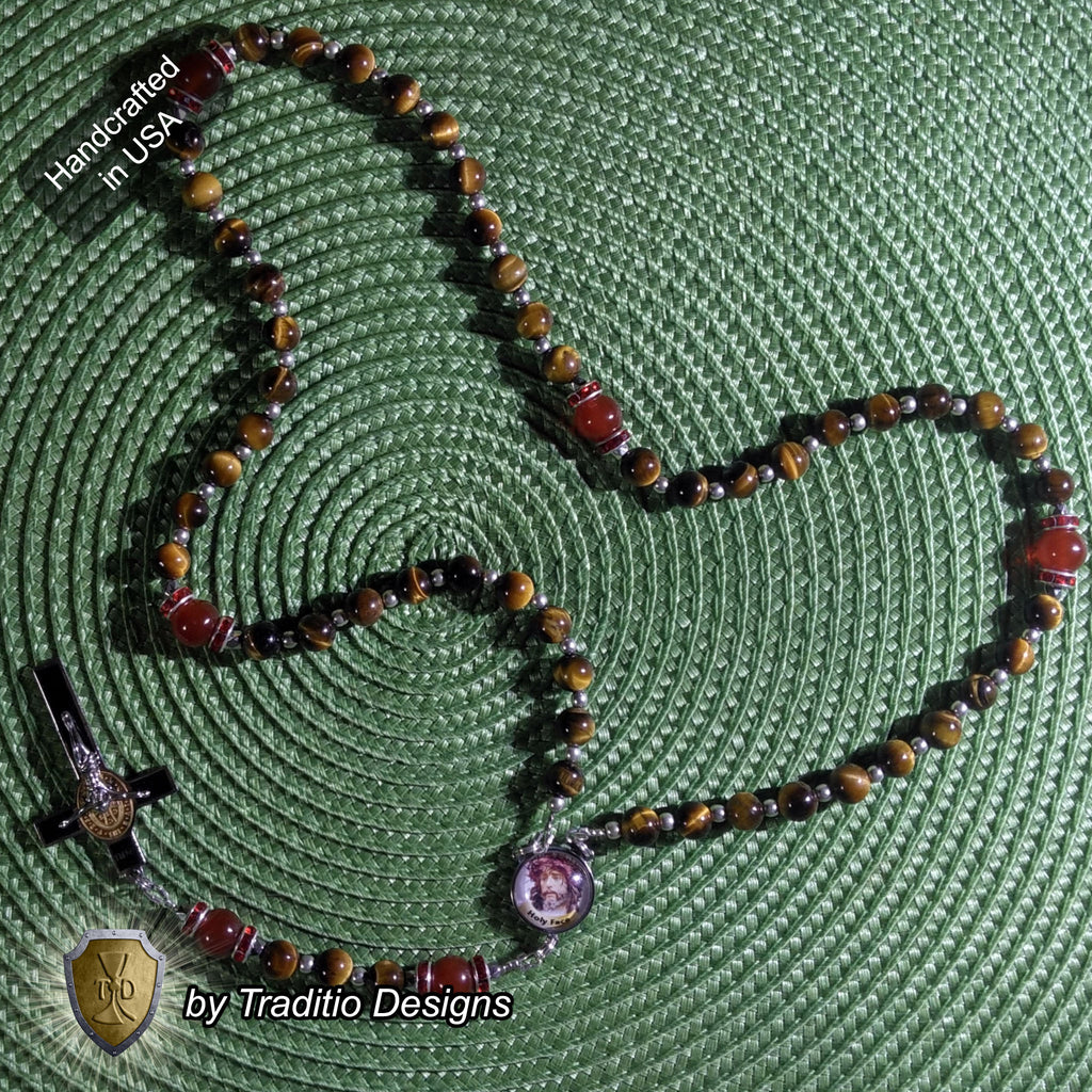 Holy Face Limited Edition Royal Relic Rosary | 18K Gold Plated | Reparation, Comfort in Trials & Spiritual Warfare | Tiger's Eye & Red Carnelian | 3rd Class Relic