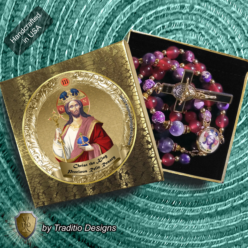 Christ the King Limited Edition Royal Relic Rosary | 18K Gold Plated | Sovereign Protection, Victory & Spiritual Reign | Ruby Red Jade, Purple Imperial Jasper & Amethyst | 3rd Class Relic