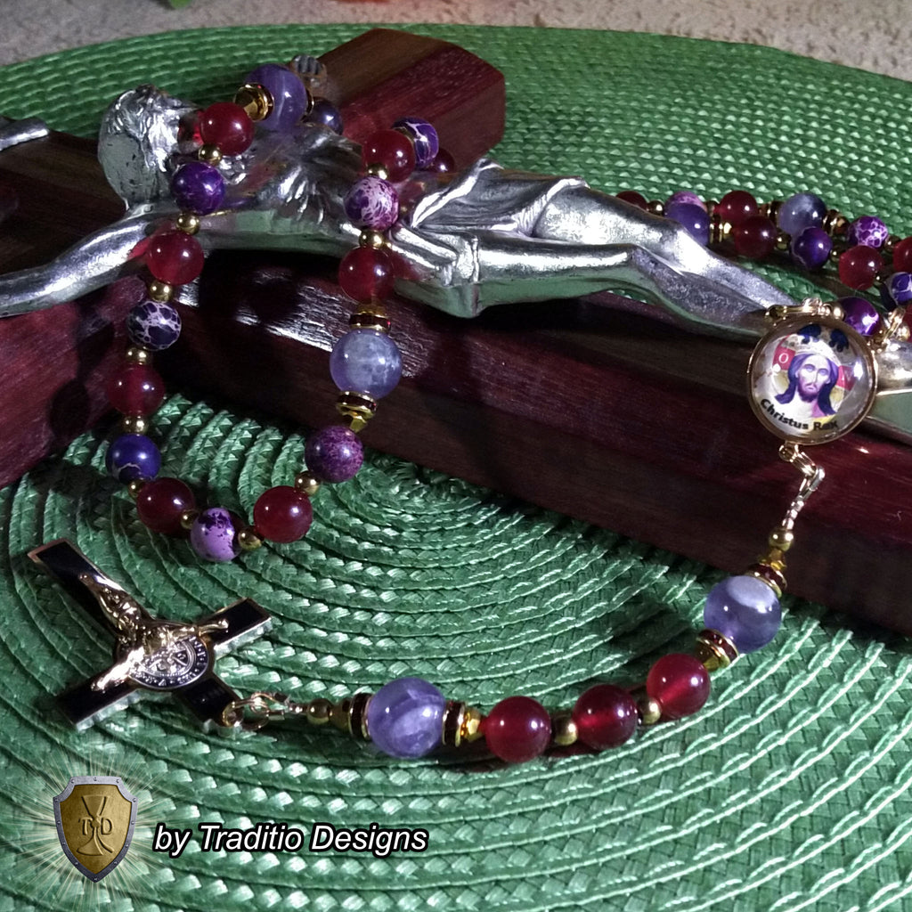 Christ the King Limited Edition Royal Relic Rosary | 18K Gold Plated | Sovereign Protection, Victory & Spiritual Reign | Ruby Red Jade, Purple Imperial Jasper & Amethyst | 3rd Class Relic