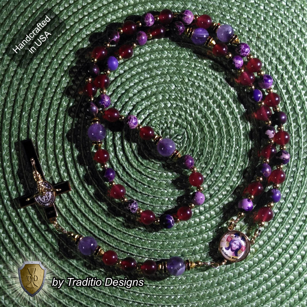 Christ the King Limited Edition Royal Relic Rosary | 18K Gold Plated | Sovereign Protection, Victory & Spiritual Reign | Ruby Red Jade, Purple Imperial Jasper & Amethyst | 3rd Class Relic