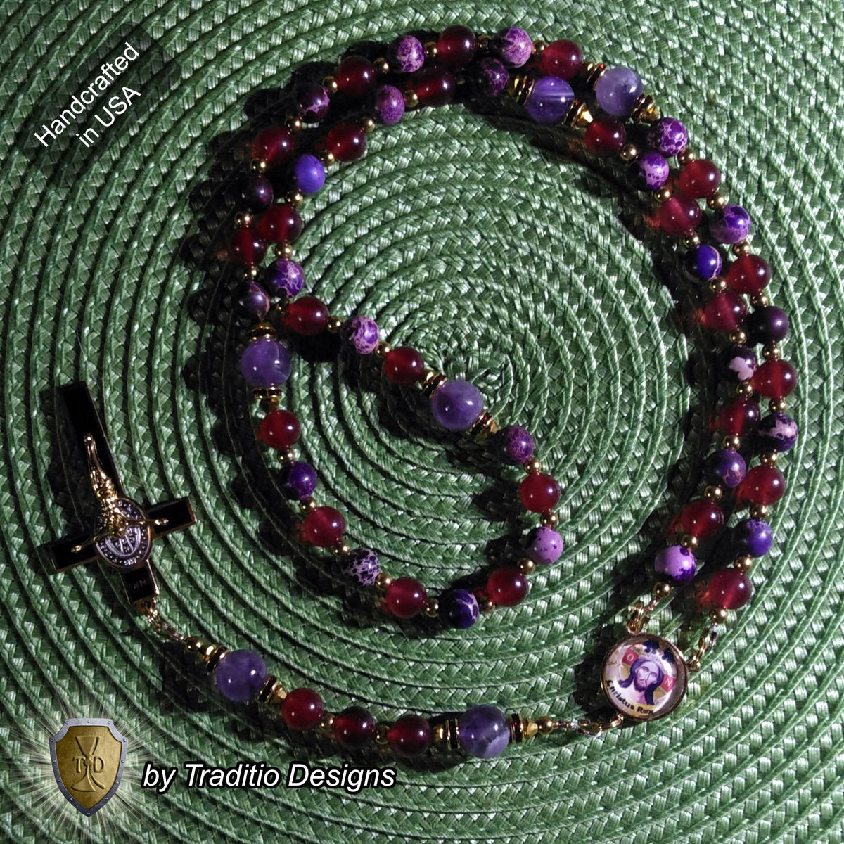 Christ the King Limited Edition Royal Relic Rosary | 18K Gold Plated | Sovereign Protection, Victory & Spiritual Reign | Ruby Red Jade, Purple Imperial Jasper & Amethyst | 3rd Class Relic
