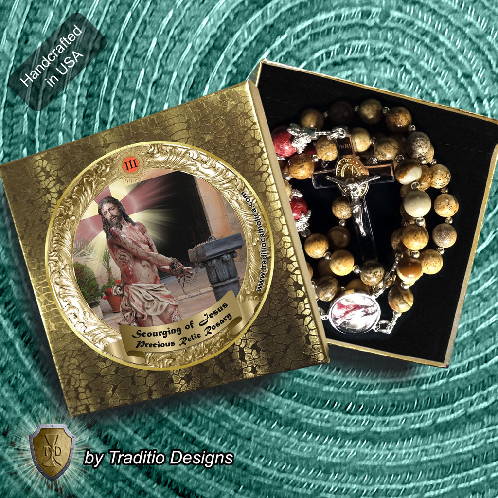 Scourging of Jesus Limited Edition Royal Relic Rosary | 18K Gold Plated | Physical & Spiritual Healing, Strength & Salvation | Picture Jasper & Imperial Jasper | 3rd Class Relic