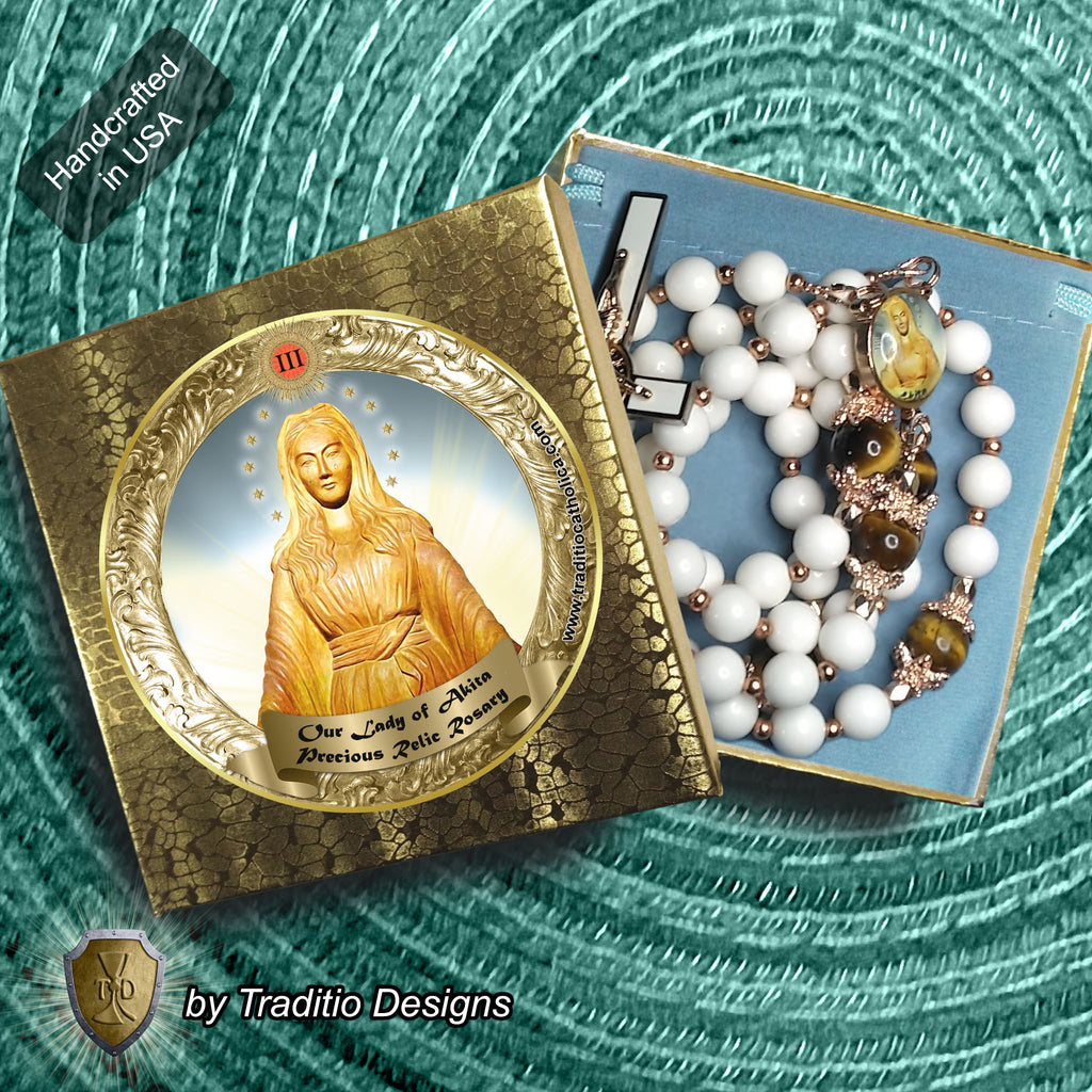 Our Lady of Akita Limited Edition Royal Relic Rosary | 18K Rose Gold | Hearing Loss, Ear Ailments & Divine Protection | White Natural Stone & Tiger's Eye | 3rd Class Relic