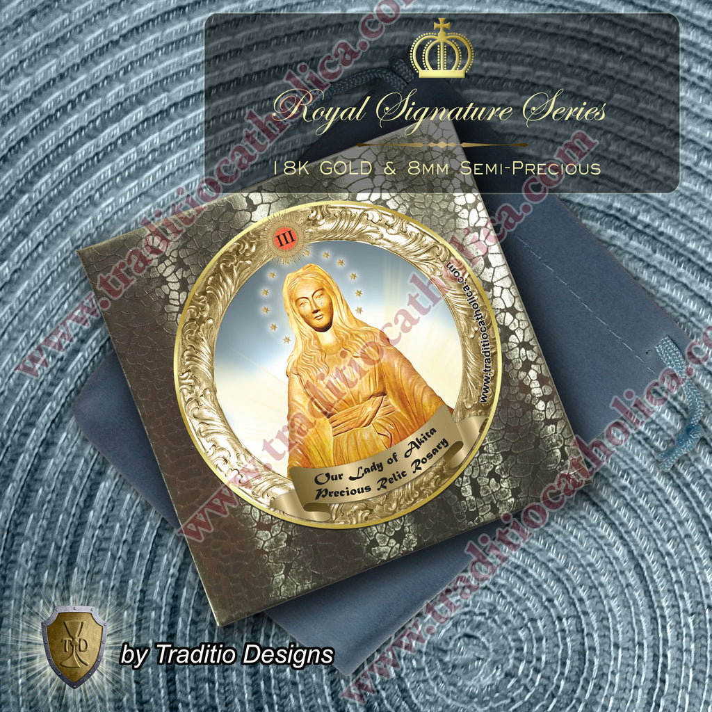 Our Lady of Akita Limited Edition Royal Relic Rosary | 18K Rose Gold | Hearing Loss, Ear Ailments & Divine Protection | White Natural Stone & Tiger's Eye | 3rd Class Relic