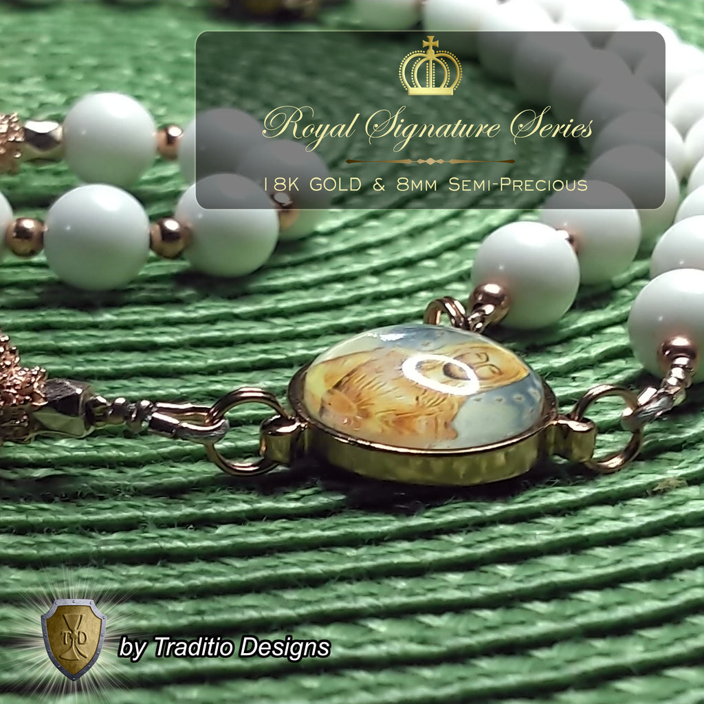 Our Lady of Akita Limited Edition Royal Relic Rosary | 18K Rose Gold | Hearing Loss, Ear Ailments & Divine Protection | White Natural Stone & Tiger's Eye | 3rd Class Relic