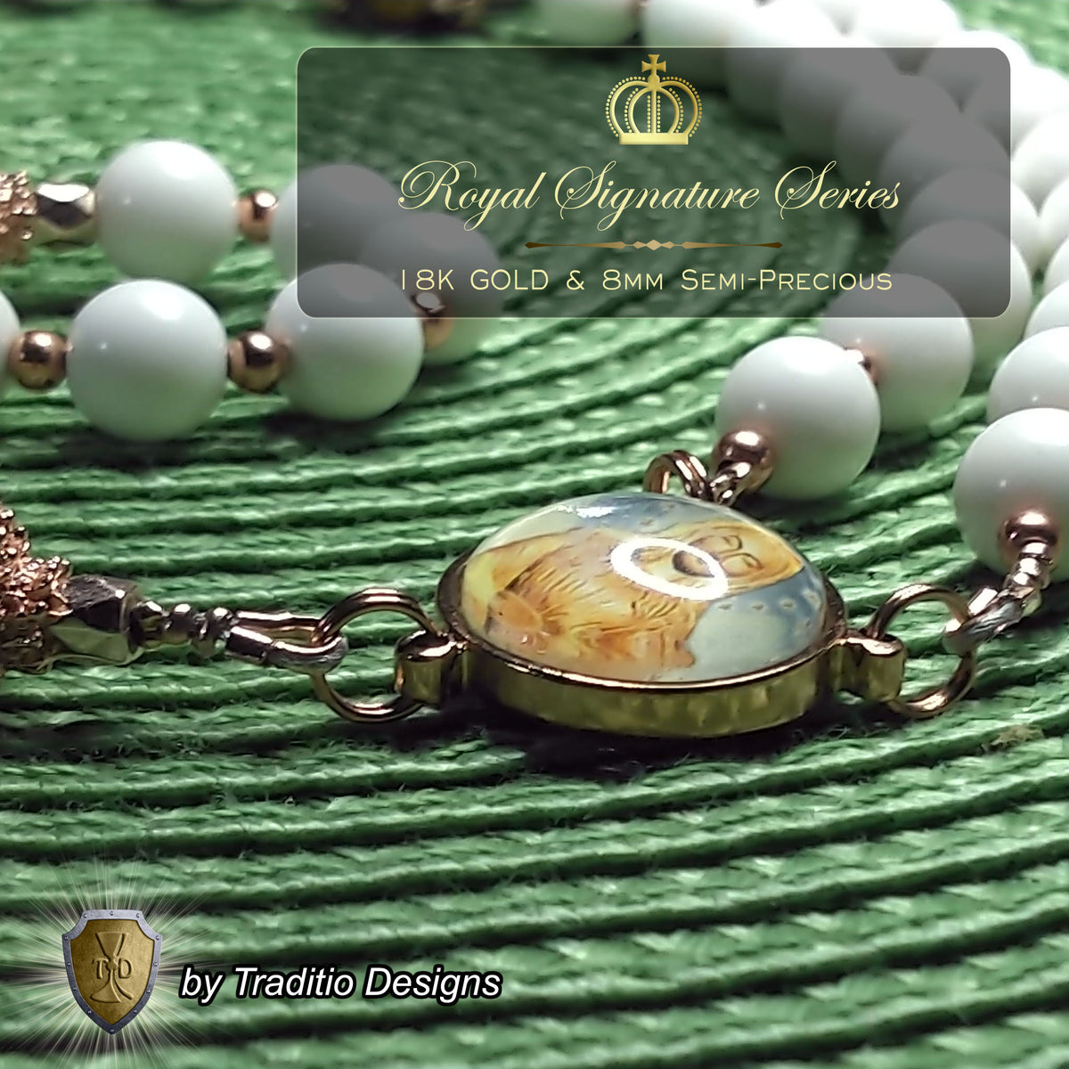 Our Lady of Akita Limited Edition Royal Relic Rosary | 18K Rose Gold | Hearing Loss, Ear Ailments & Divine Protection | White Natural Stone & Tiger's Eye | 3rd Class Relic