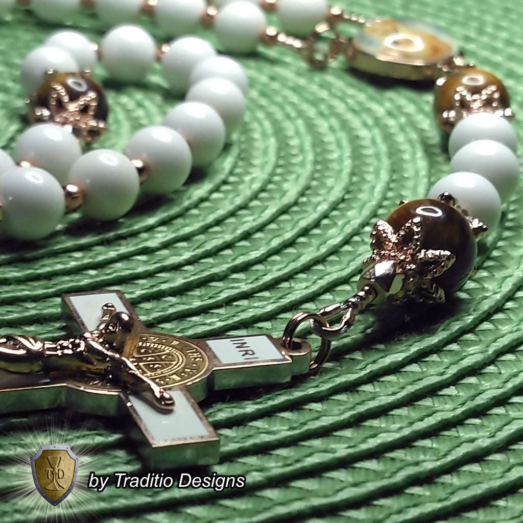 Our Lady of Akita Limited Edition Royal Relic Rosary | 18K Rose Gold | Hearing Loss, Ear Ailments & Divine Protection | White Natural Stone & Tiger's Eye | 3rd Class Relic