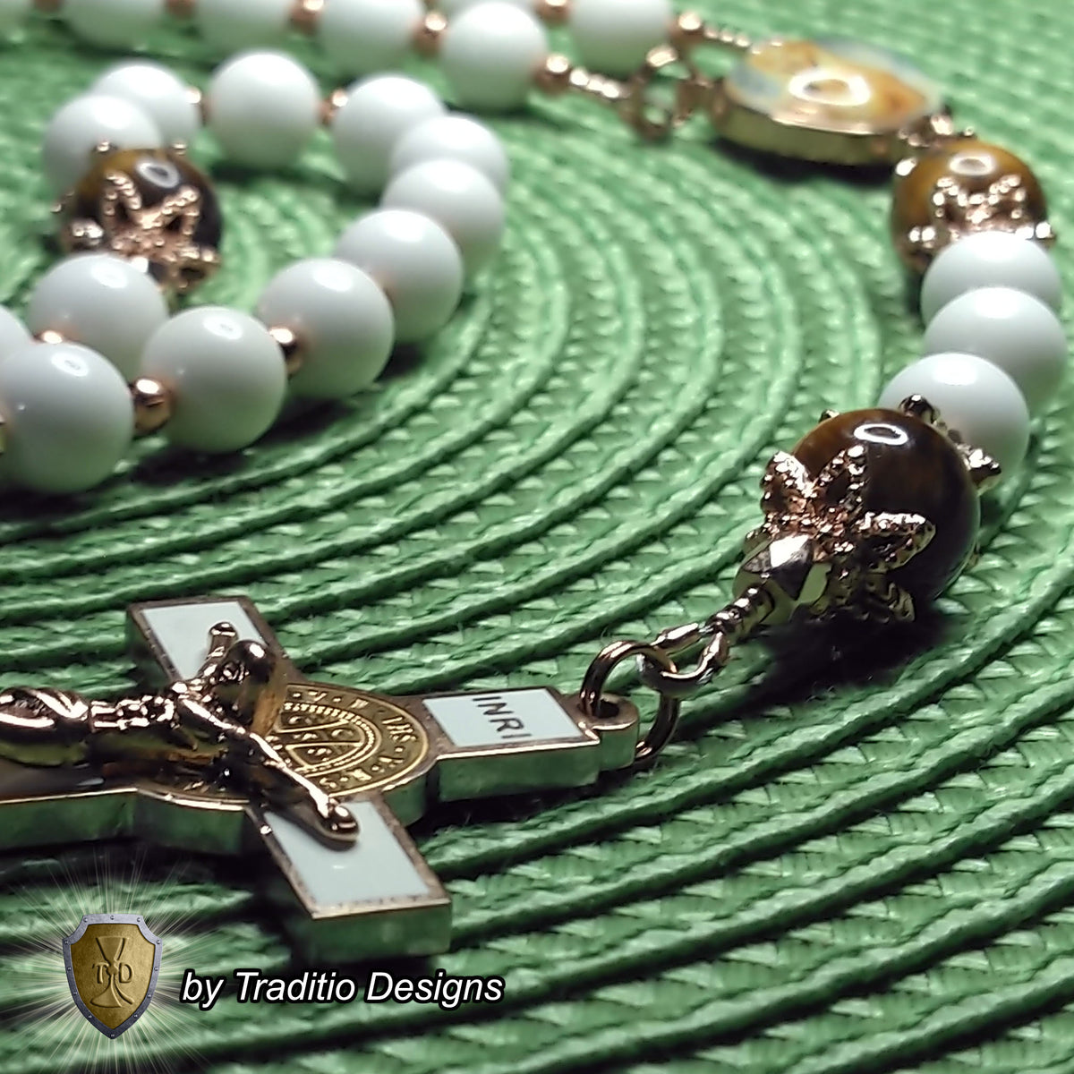 Our Lady of Akita Limited Edition Royal Relic Rosary | 18K Rose Gold | Hearing Loss, Ear Ailments & Divine Protection | White Natural Stone & Tiger's Eye | 3rd Class Relic