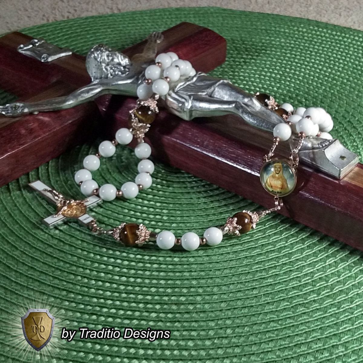 Our Lady of Akita Limited Edition Royal Relic Rosary | 18K Rose Gold | Hearing Loss, Ear Ailments & Divine Protection | White Natural Stone & Tiger's Eye | 3rd Class Relic