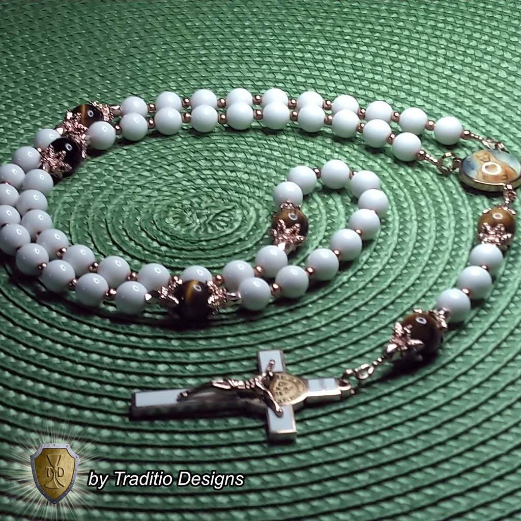 Our Lady of Akita Limited Edition Royal Relic Rosary | 18K Rose Gold | Hearing Loss, Ear Ailments & Divine Protection | White Natural Stone & Tiger's Eye | 3rd Class Relic