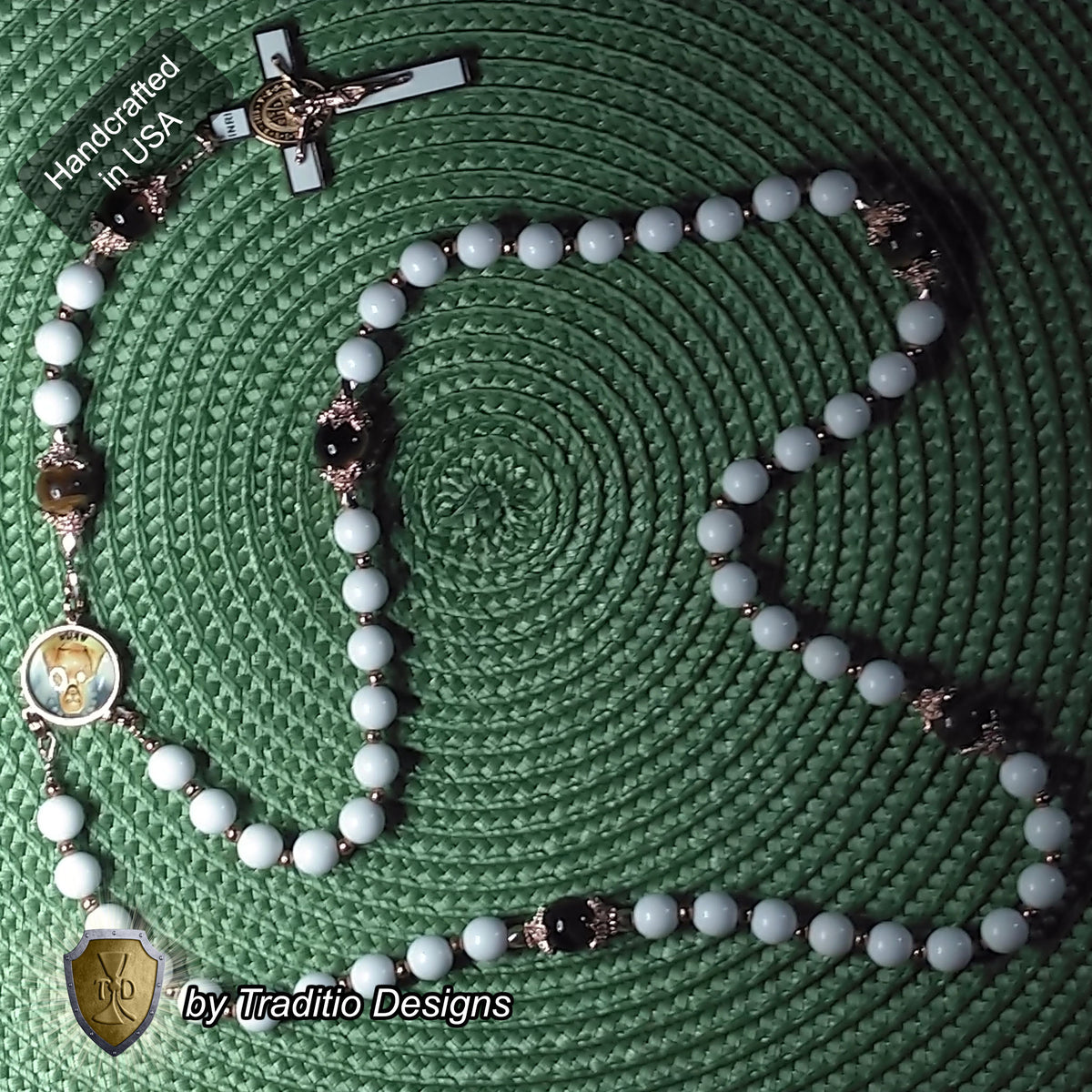 Our Lady of Akita Limited Edition Royal Relic Rosary | 18K Rose Gold | Hearing Loss, Ear Ailments & Divine Protection | White Natural Stone & Tiger's Eye | 3rd Class Relic