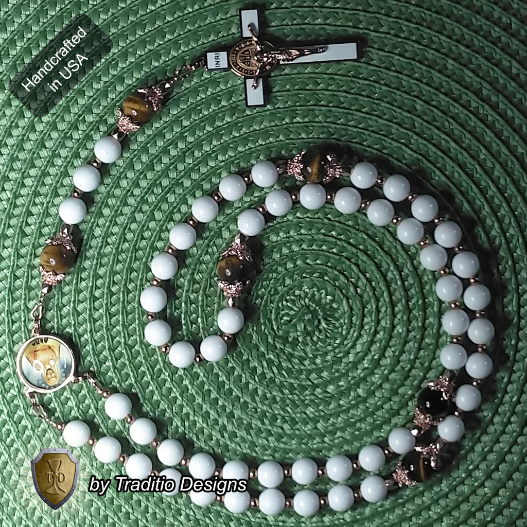 Our Lady of Akita Limited Edition Royal Relic Rosary | 18K Rose Gold | Hearing Loss, Ear Ailments & Divine Protection | White Natural Stone & Tiger's Eye | 3rd Class Relic