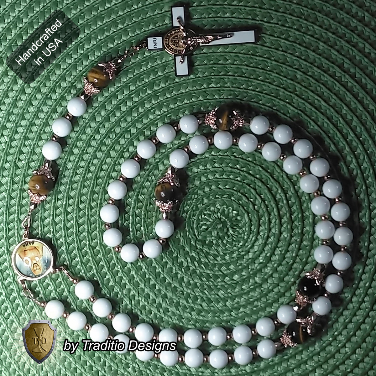 Our Lady of Akita Limited Edition Royal Relic Rosary | 18K Rose Gold | Hearing Loss, Ear Ailments & Divine Protection | White Natural Stone & Tiger's Eye | 3rd Class Relic