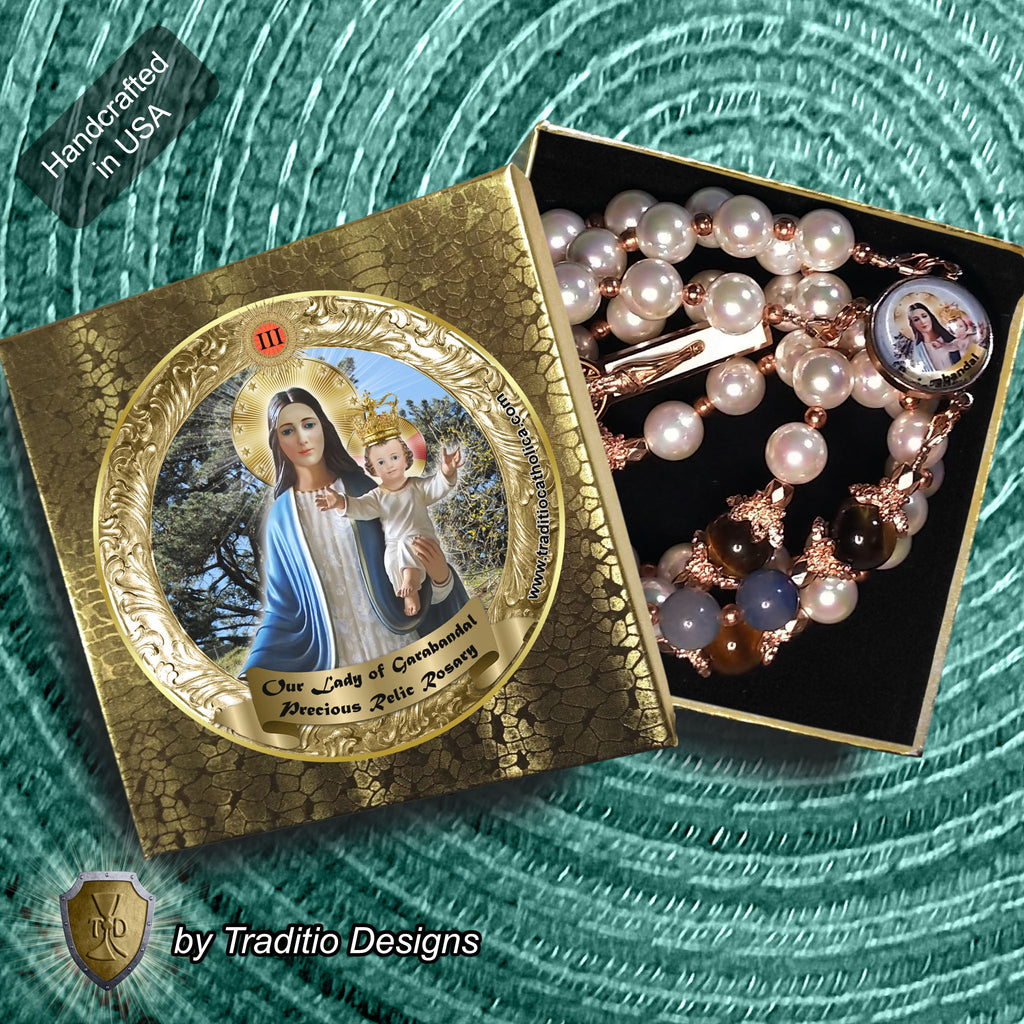 Our Lady of Garabandal Limited Edition Royal Relic Rosary | 18K Rose Gold Plated | Warning, Miracle & Spiritual Renewal | Natural Pearl & Tiger's Eye | 3rd Class Relic