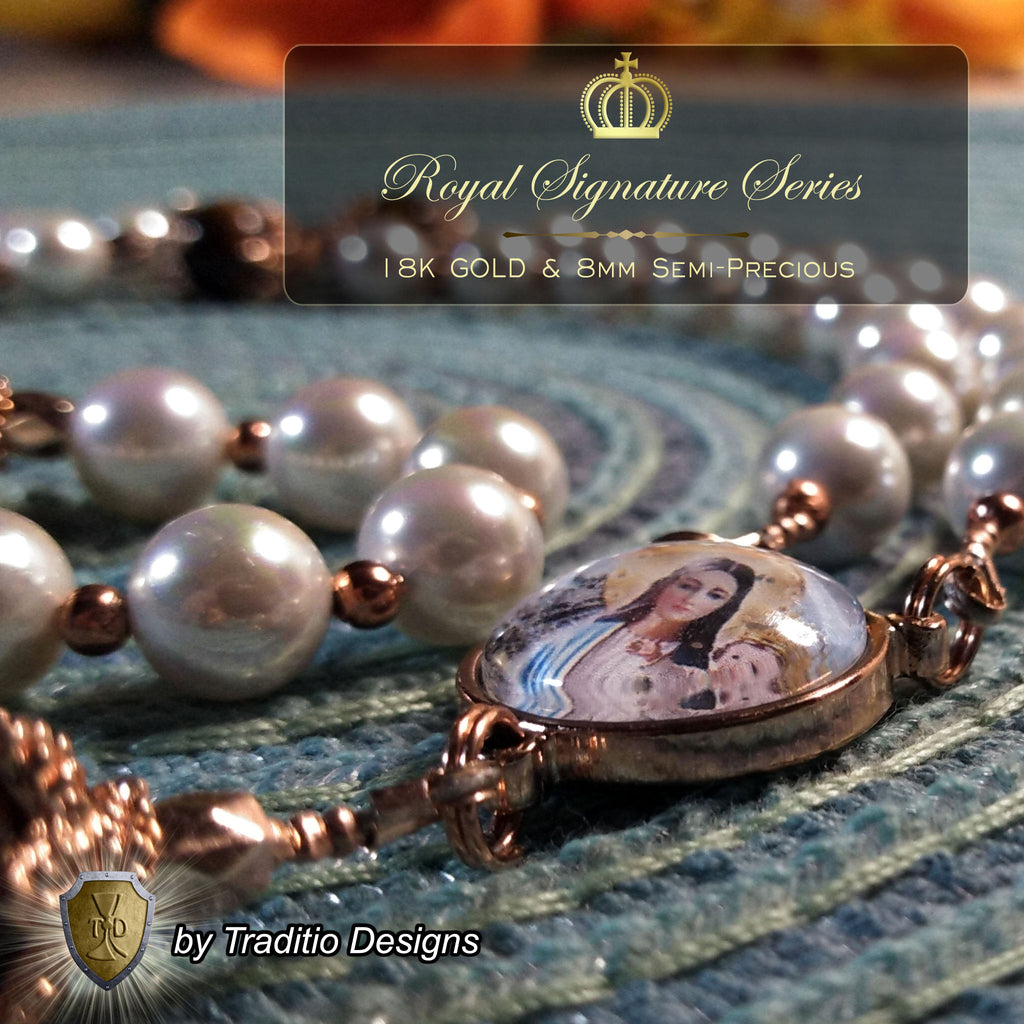 Our Lady of Garabandal Limited Edition Royal Relic Rosary | 18K Rose Gold Plated | Warning, Miracle & Spiritual Renewal | Natural Pearl & Tiger's Eye | 3rd Class Relic