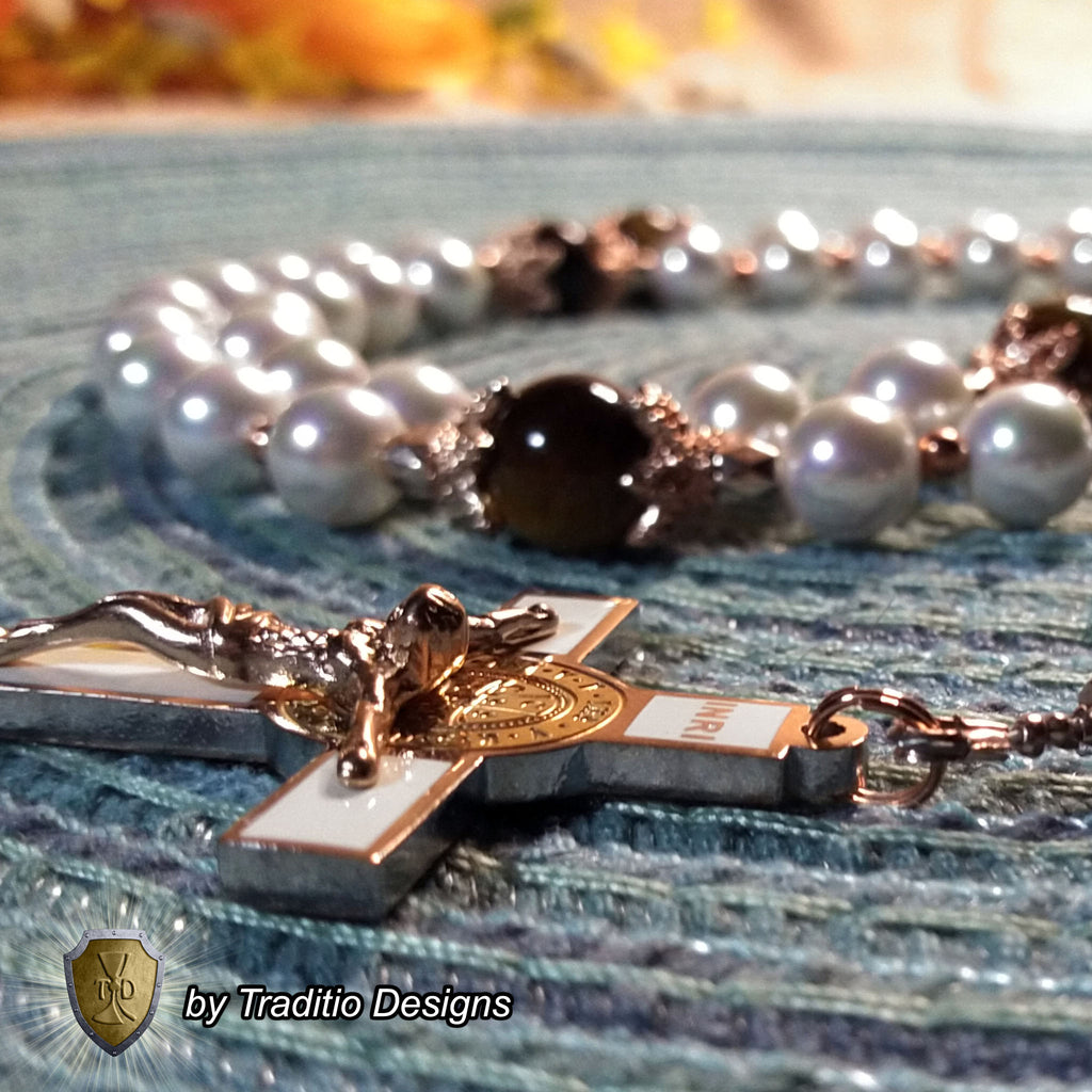 Our Lady of Garabandal Limited Edition Royal Relic Rosary | 18K Rose Gold Plated | Warning, Miracle & Spiritual Renewal | Natural Pearl & Tiger's Eye | 3rd Class Relic
