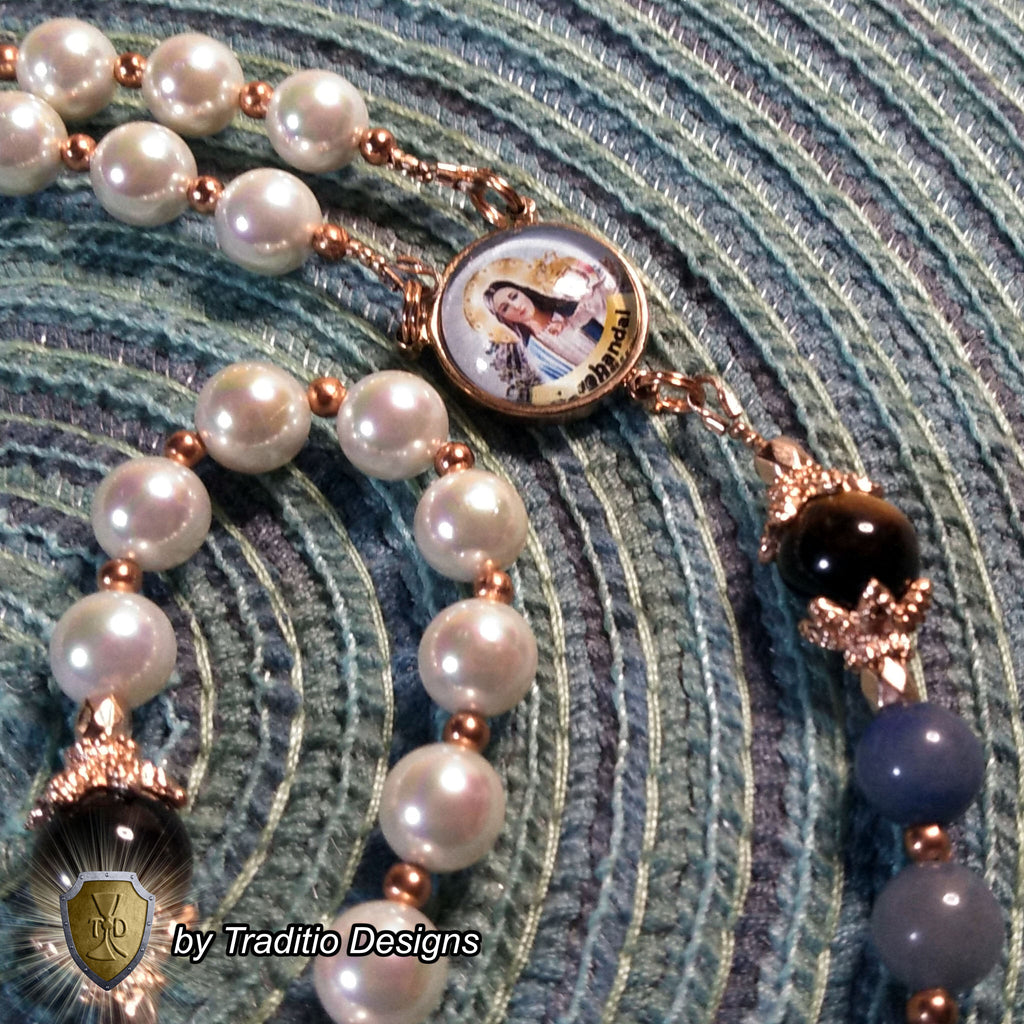 Our Lady of Garabandal Limited Edition Royal Relic Rosary | 18K Rose Gold Plated | Warning, Miracle & Spiritual Renewal | Natural Pearl & Tiger's Eye | 3rd Class Relic