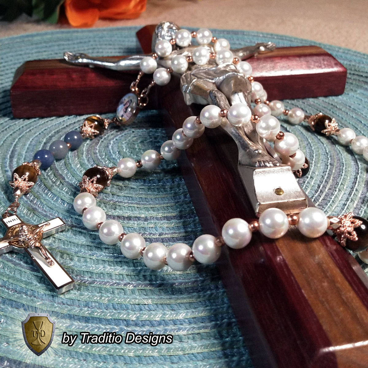 Our Lady of Garabandal Limited Edition Royal Relic Rosary | 18K Rose Gold Plated | Warning, Miracle & Spiritual Renewal | Natural Pearl & Tiger's Eye | 3rd Class Relic