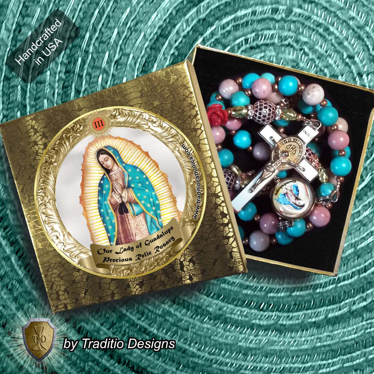 Our Lady of Guadalupe Limited Edition Royal Relic Rosary | 18K Rose Gold | Unborn Protection, Pregnancy & Family Miracles | Turquoise & Rhodochrosite | 3rd Class Relic