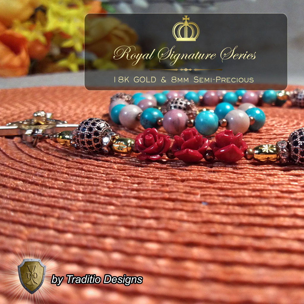Our Lady of Guadalupe Limited Edition Royal Relic Rosary | 18K Rose Gold | Unborn Protection, Pregnancy & Family Miracles | Turquoise & Rhodochrosite | 3rd Class Relic