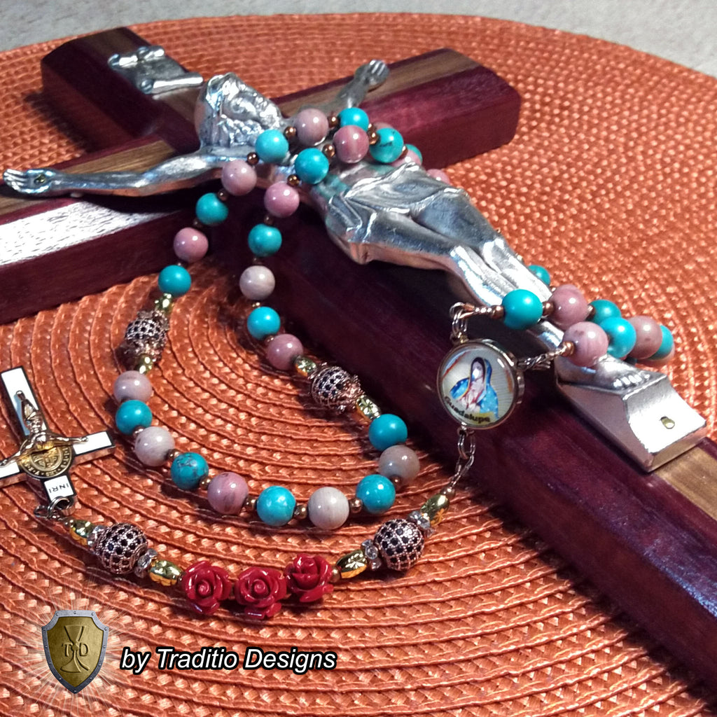 Our Lady of Guadalupe Limited Edition Royal Relic Rosary | 18K Rose Gold | Unborn Protection, Pregnancy & Family Miracles | Turquoise & Rhodochrosite | 3rd Class Relic