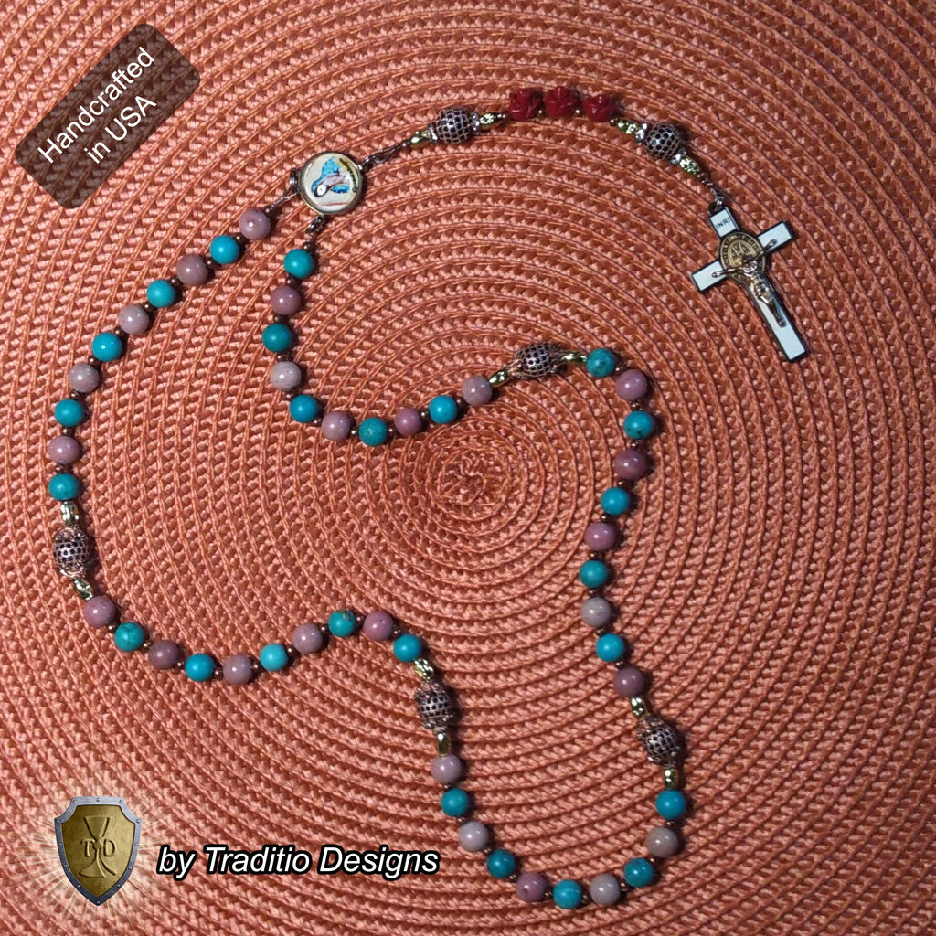 Our Lady of Guadalupe Limited Edition Royal Relic Rosary | 18K Rose Gold | Unborn Protection, Pregnancy & Family Miracles | Turquoise & Rhodochrosite | 3rd Class Relic