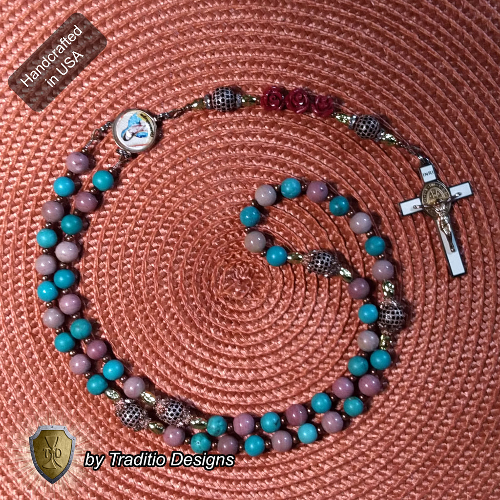 Our Lady of Guadalupe Limited Edition Royal Relic Rosary | 18K Rose Gold | Unborn Protection, Pregnancy & Family Miracles | Turquoise & Rhodochrosite | 3rd Class Relic