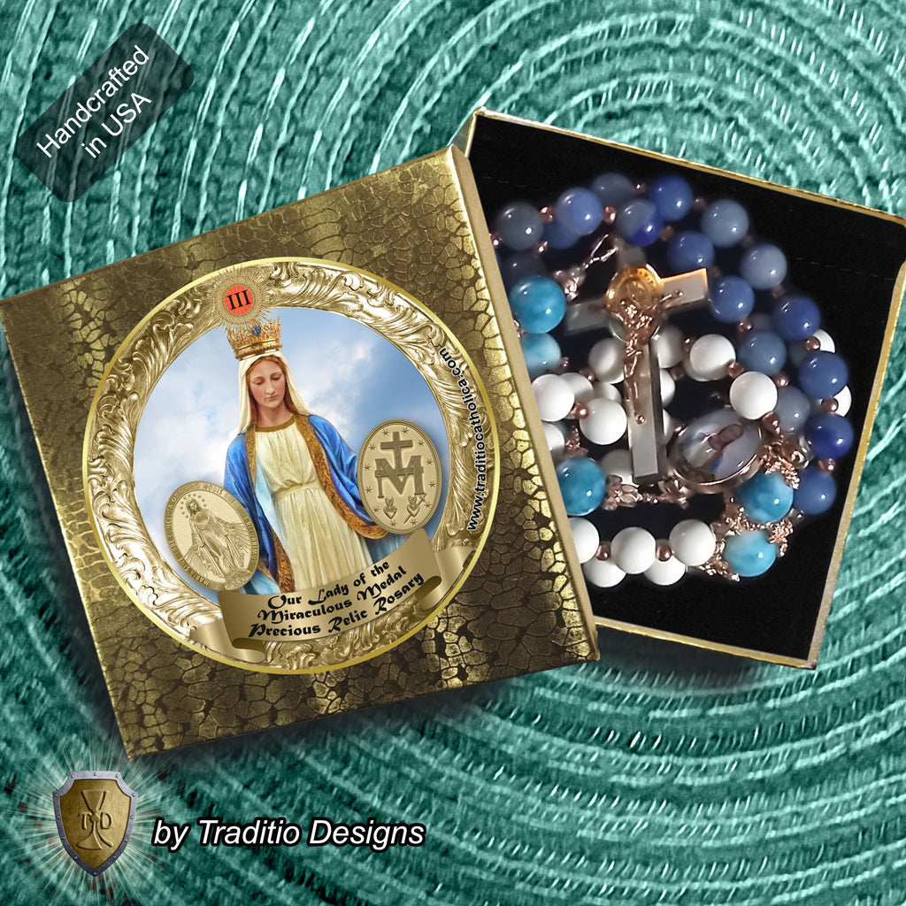 Our Lady of the Miraculous Medal Limited Edition Royal Relic Rosary | 18K Rose Gold | Unexpected Miracles, Protection & Divine Graces | Aventurine & Larimar Quartz | 3rd Class Relic
